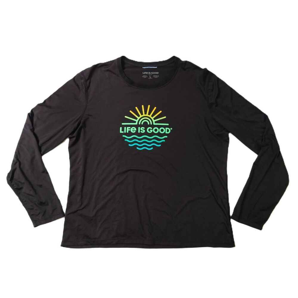 Life is Good Women’s Large Black Active Long Sleeve Shirt Sunrise Graphic Top